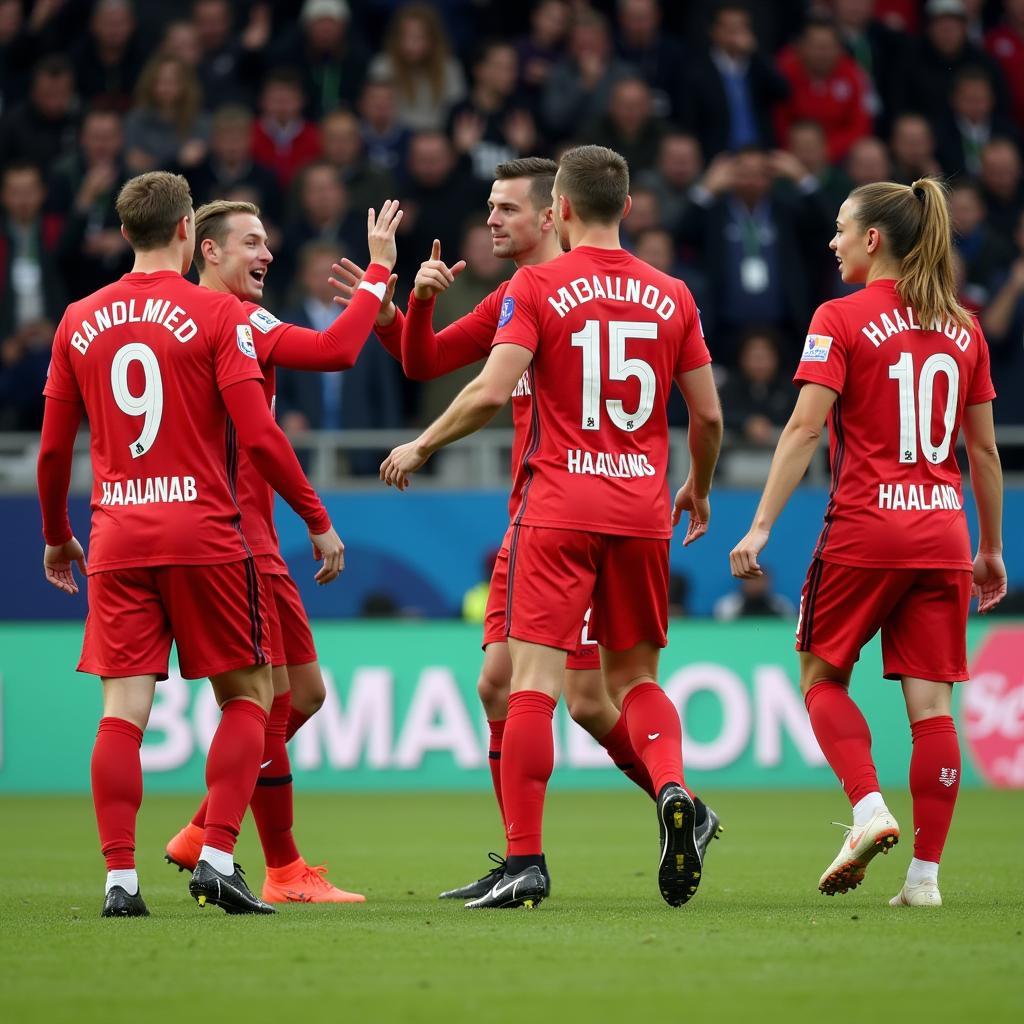 Erling Haaland celebrating a goal with his teammates