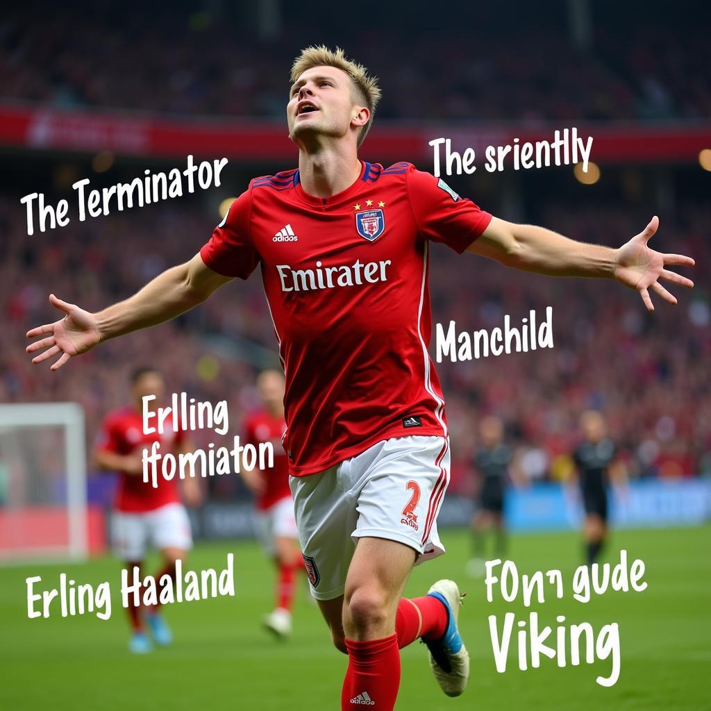 Erling Haaland celebrating a goal, with various nicknames overlaid on the image