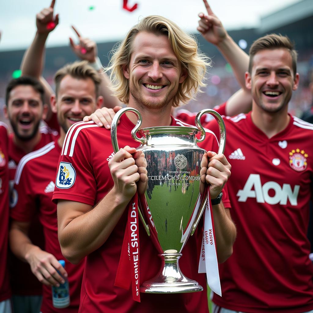 Erling Haaland holding the Champions League trophy