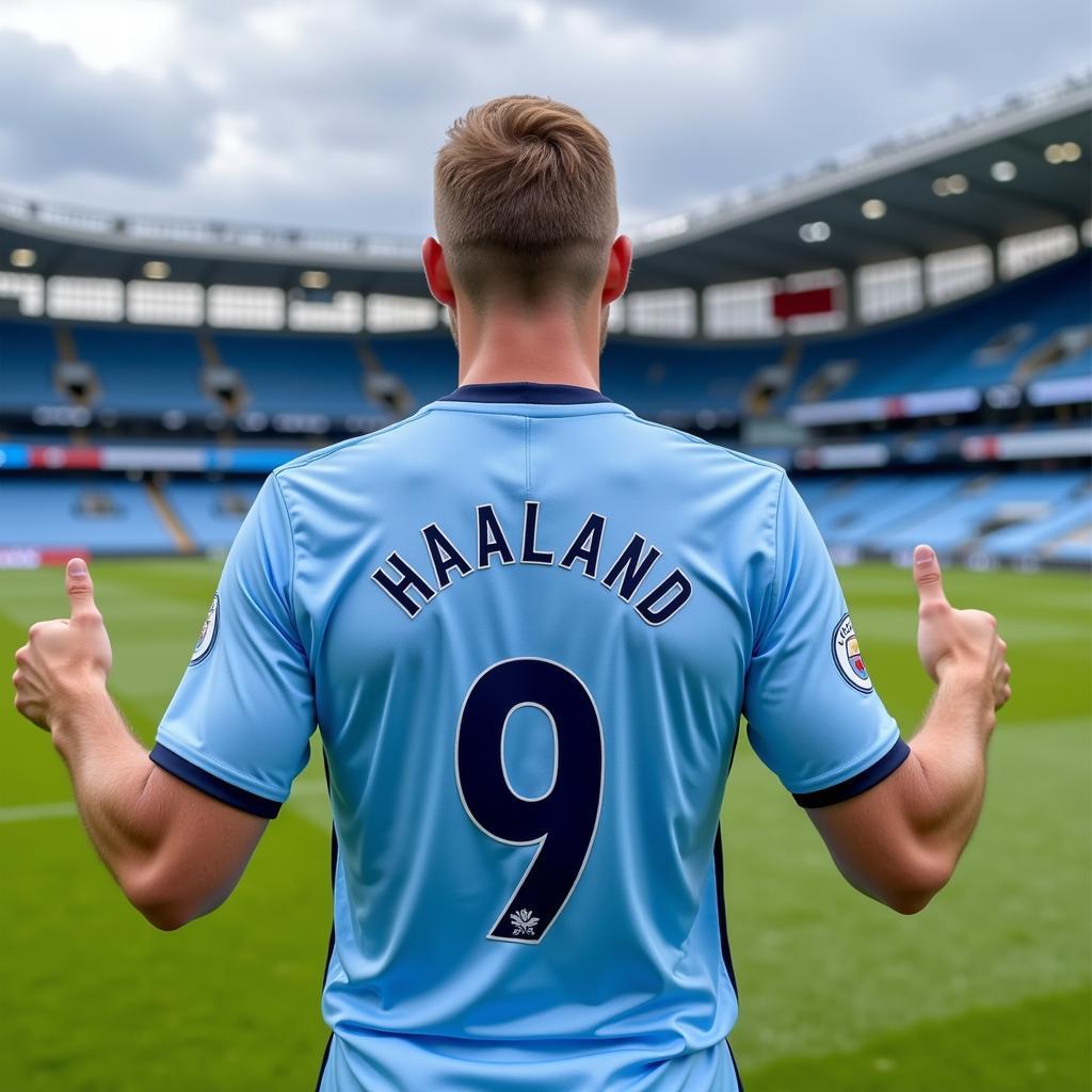 Erling Haaland wearing his number 9 Manchester City Jersey