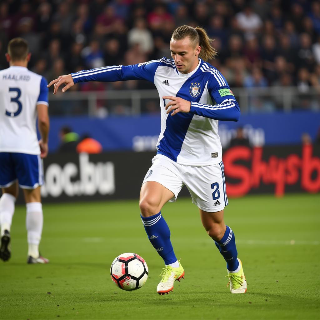 Erling Haaland scoring a goal after a perfect first touch.