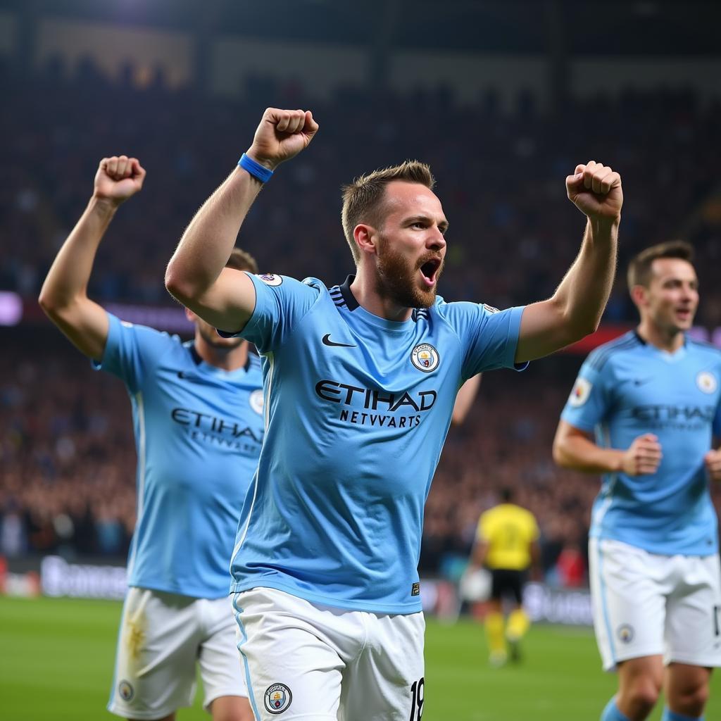 Erling Haaland celebrates a goal with Manchester City