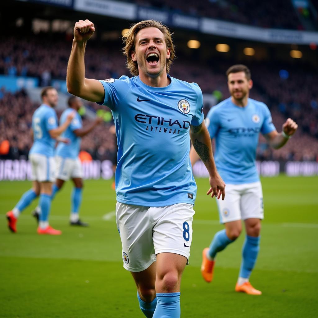 Erling Haaland celebrates a goal for Manchester City, highlighting his prolific goal-scoring ability.