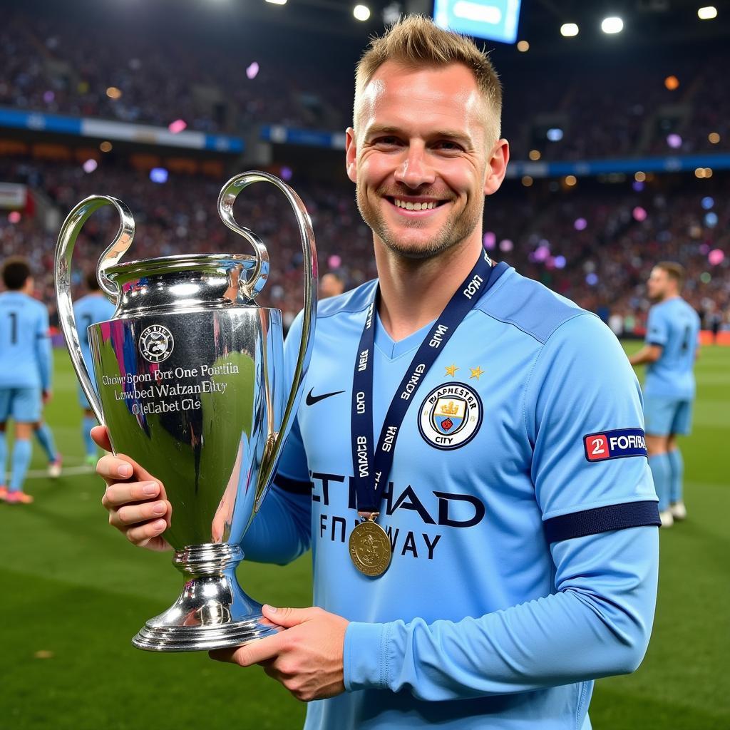 Erling Haaland holding the Champions League trophy