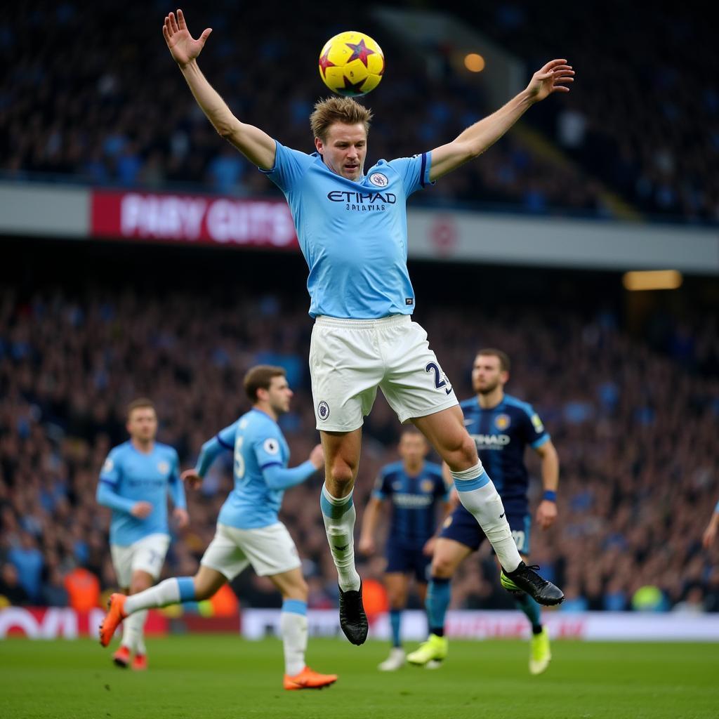 Erling Haaland jumping for a header