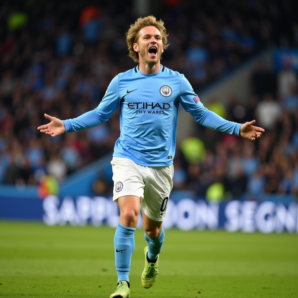 Erling Haaland celebrating a goal for Manchester City.