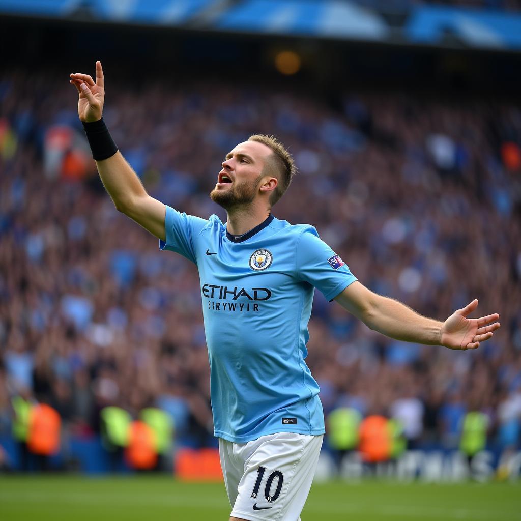 Erling Haaland celebrates a goal in a Manchester City uniform