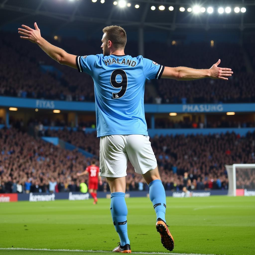 Erling Haaland celebrates a goal in his number 9 Man City shirt