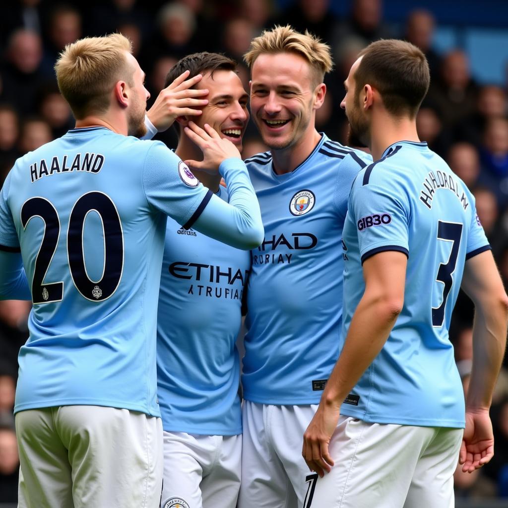 Erling Haaland interacting with his Manchester City teammates