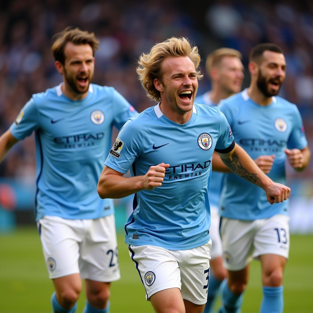 Erling Haaland celebrates a goal for Manchester City.