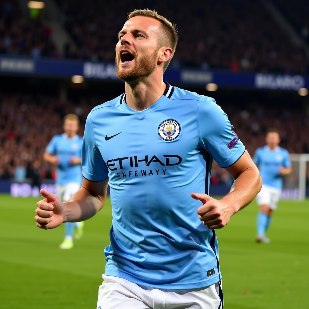 Erling Haaland celebrates a goal in a Manchester City uniform