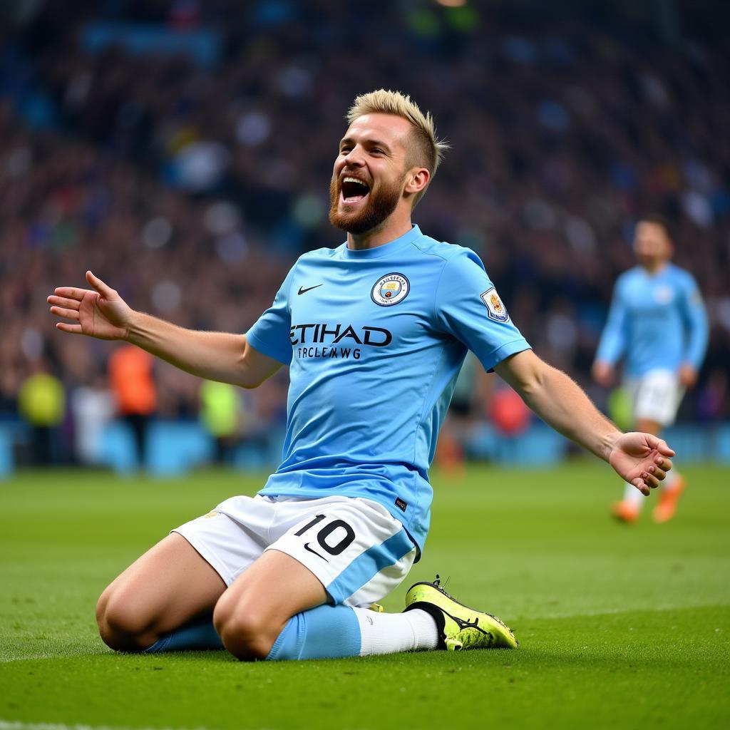 Erling Haaland celebrates in a Manchester City jersey