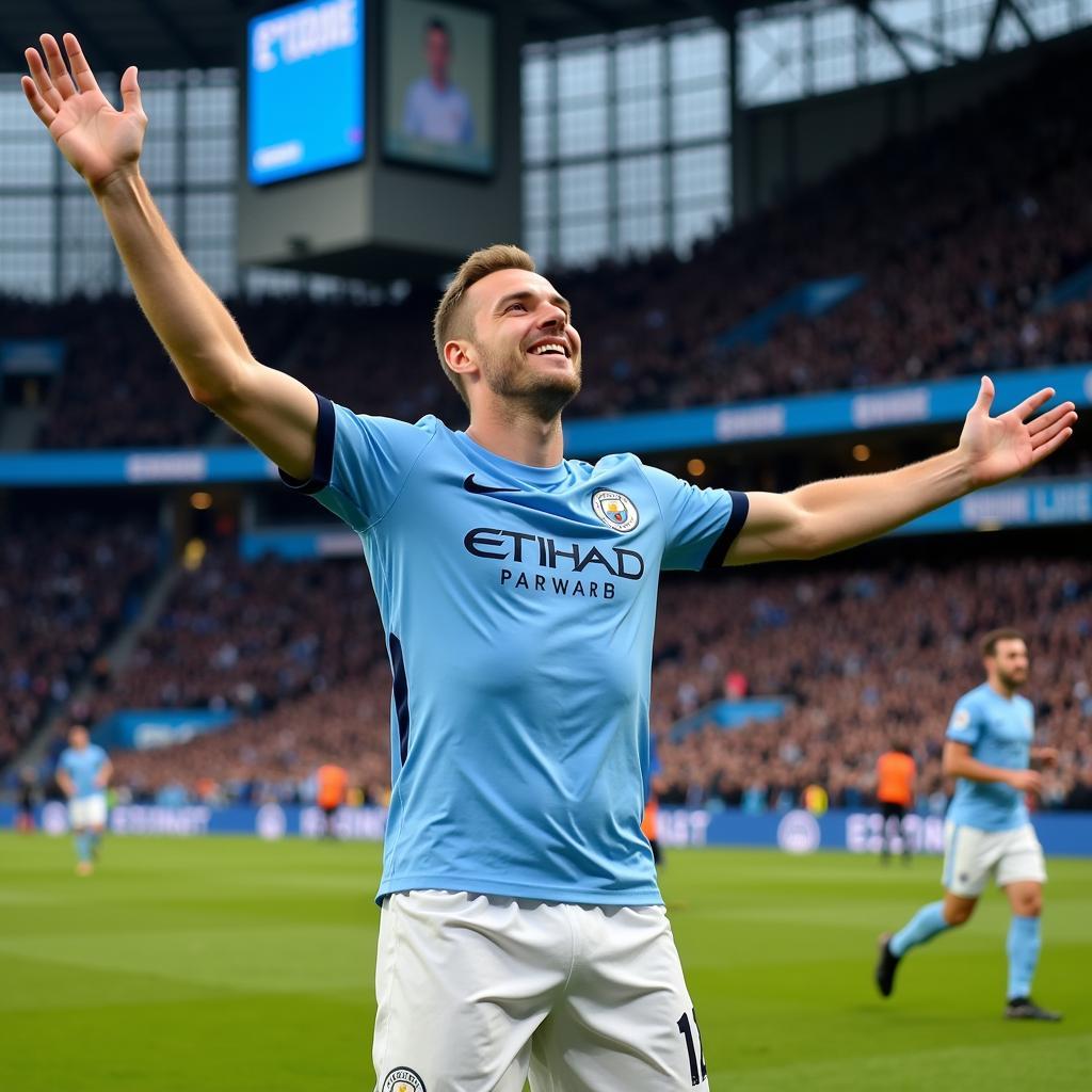 Erling Haaland Celebrates a Goal in a Manchester City Jersey