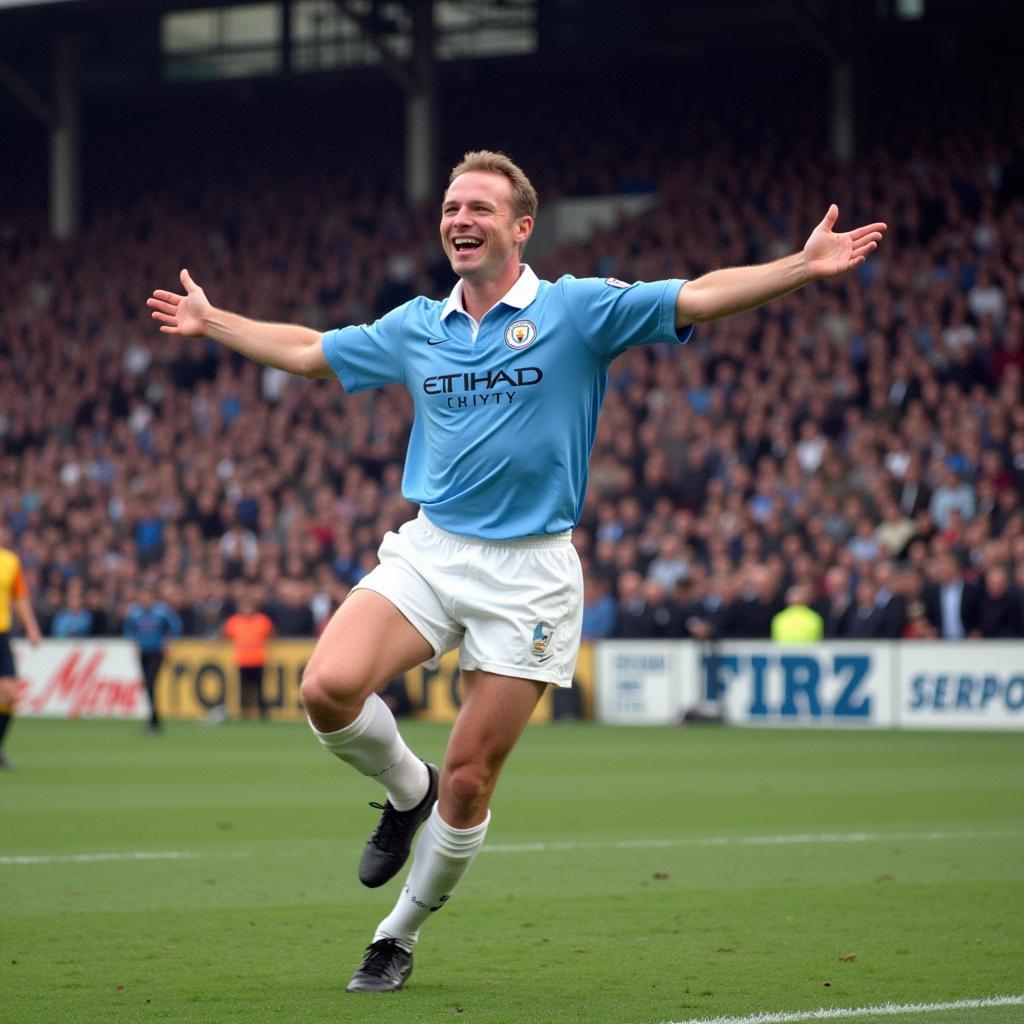 Erling Haaland celebrating a goal in a Manchester City kit.