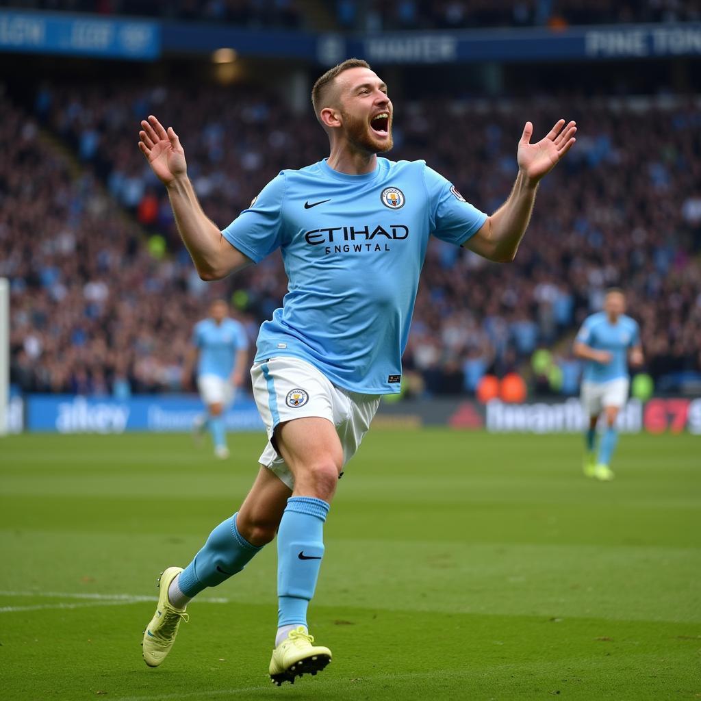 Erling Haaland celebrating a goal in a Manchester City jersey.