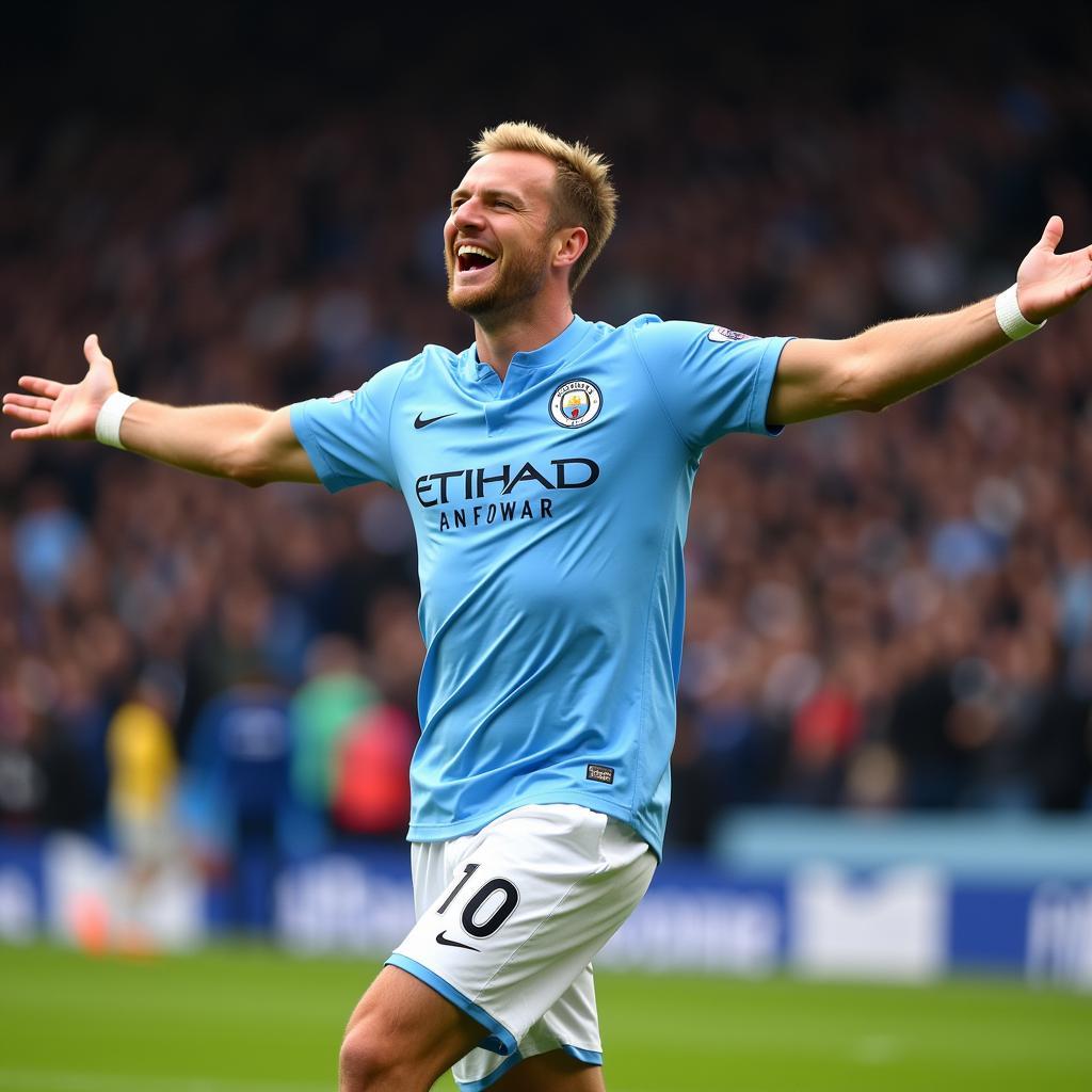 Erling Haaland celebrates a goal in his Manchester City kit