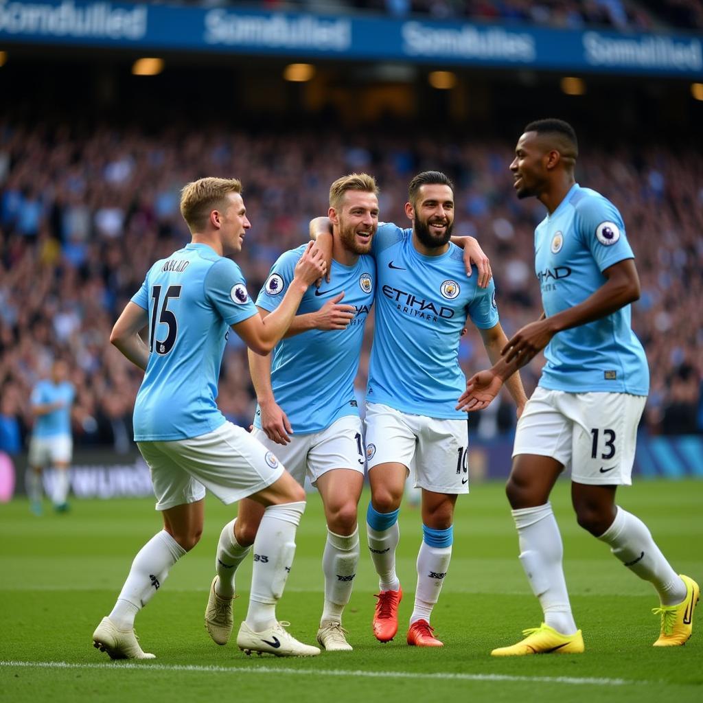 Haaland Celebrates a Goal at the Etihad Stadium in a Manchester City Jersey