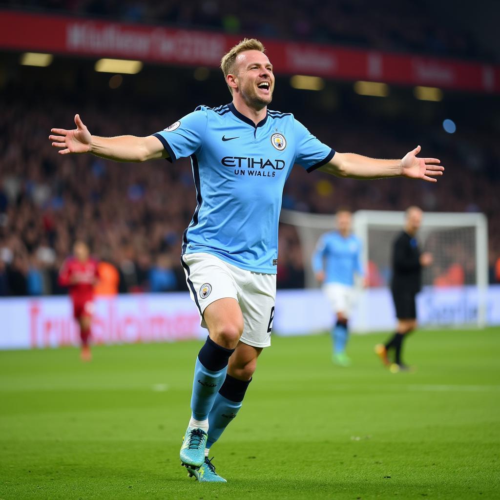 Erling Haaland celebrates a goal in a Manchester City jersey.