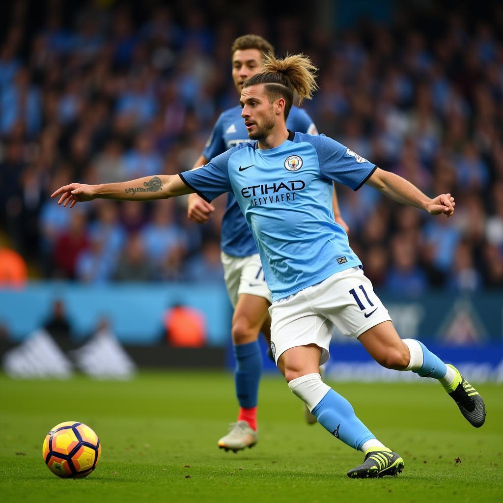 Erling Haaland in action, scoring a goal for Manchester City. Dynamic phone wallpaper capturing an intense moment on the field.