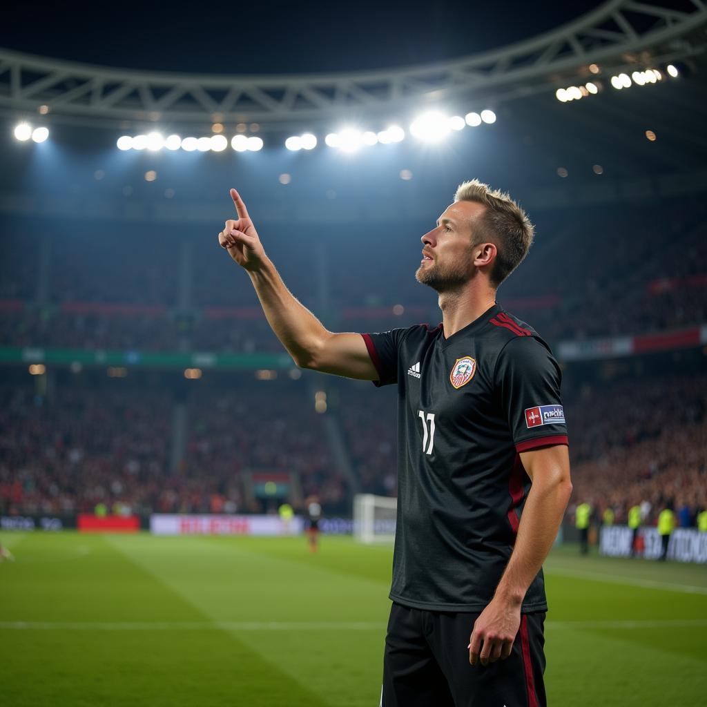 Erling Haaland points towards the sky after scoring a goal, dedicating his achievement to someone special.