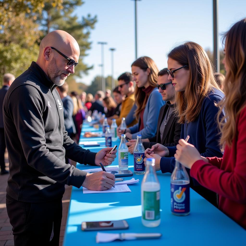 Erling Haaland at a Prime Hydration fan meet and greet, signing merchandise and interacting with fans.