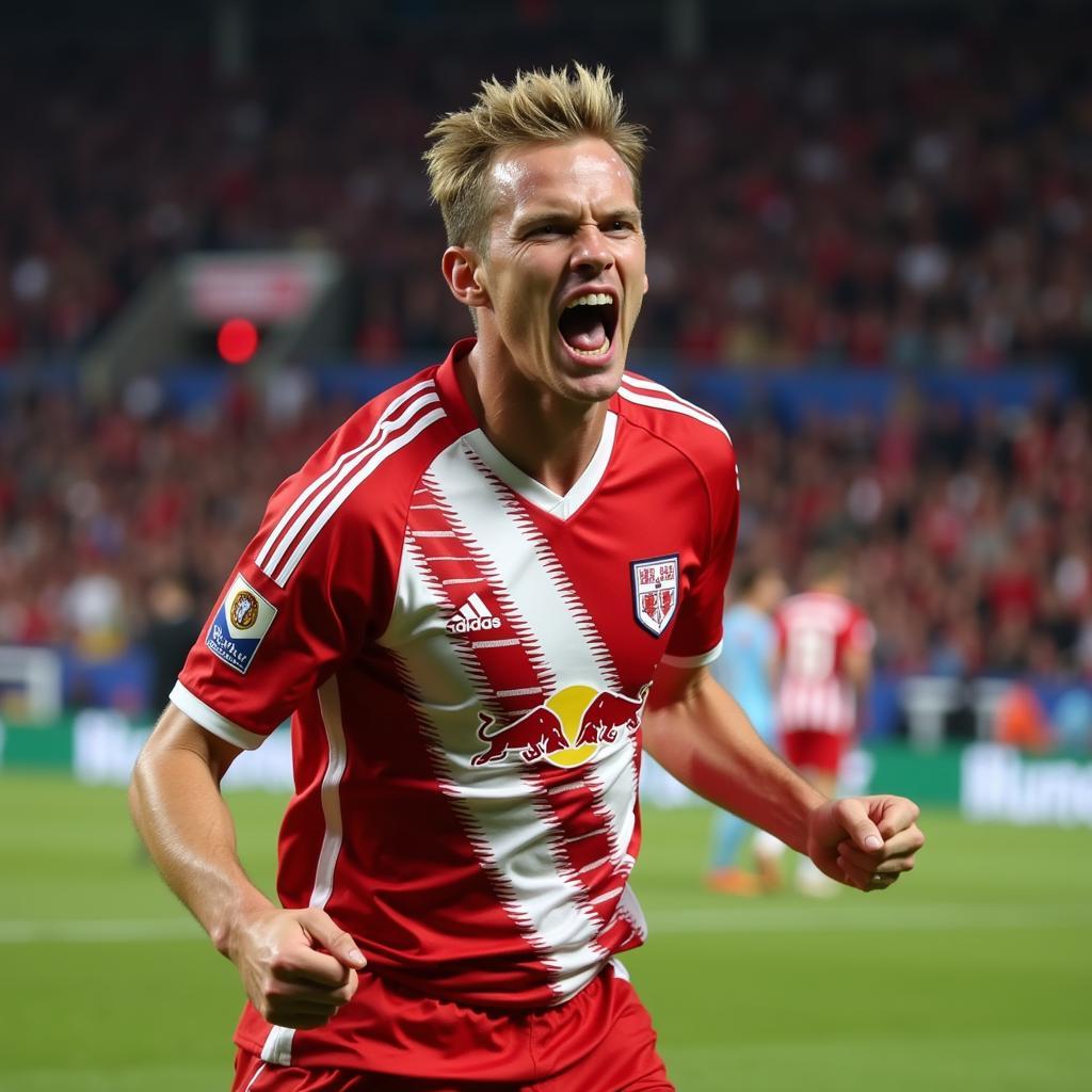 Erling Haaland celebrating a goal in a Red Bull Salzburg jersey