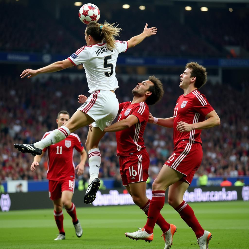 Erling Haaland scoring a header in the Champions League