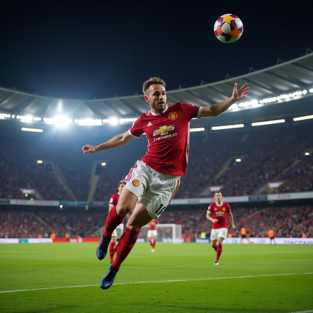 Haaland leaps to score a powerful header during a Champions League match.