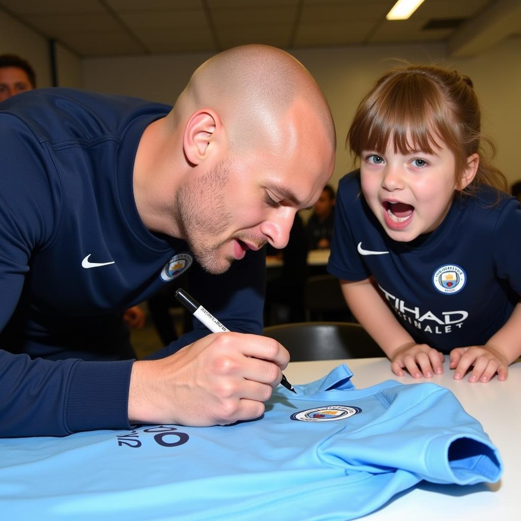 Erling Haaland signing a Manchester City jersey for a fan.