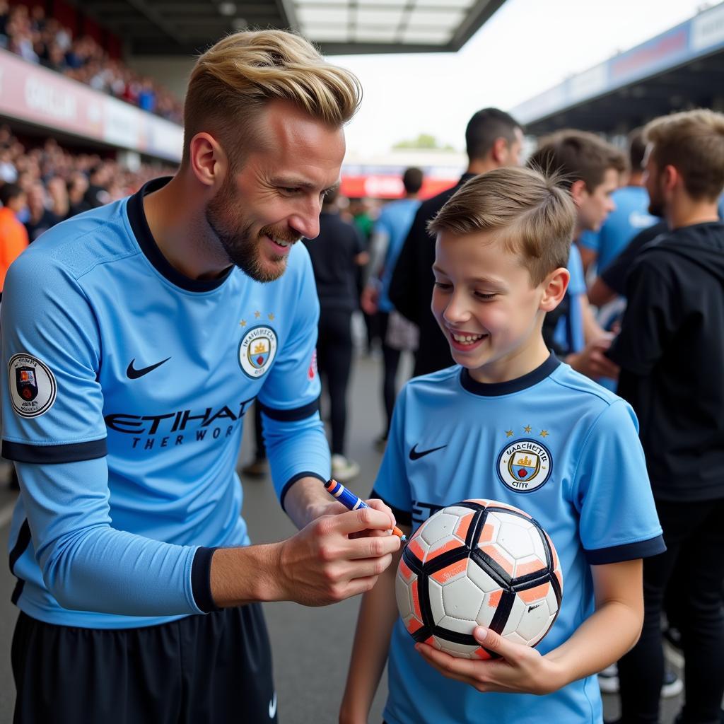 Erling Haaland signing an autograph for a young fan