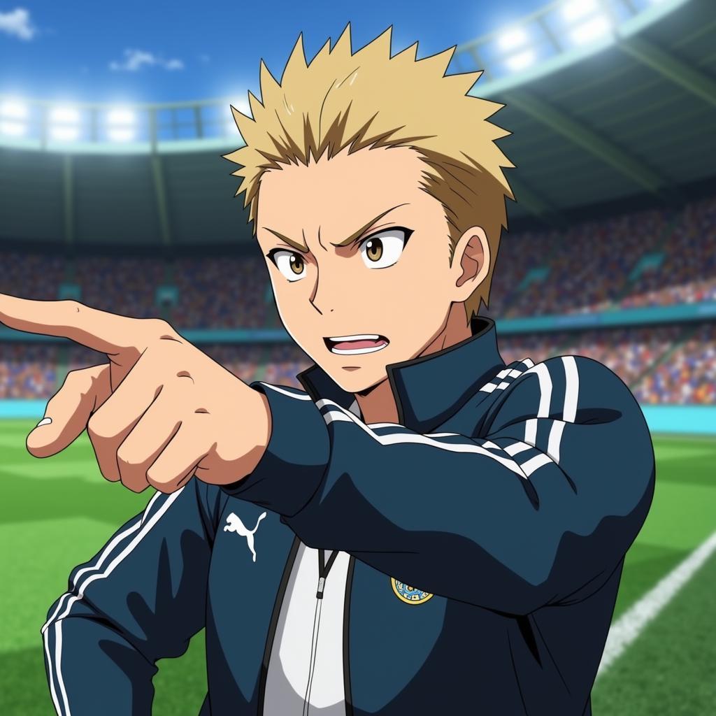 European anime football captain giving tactical instructions to his team