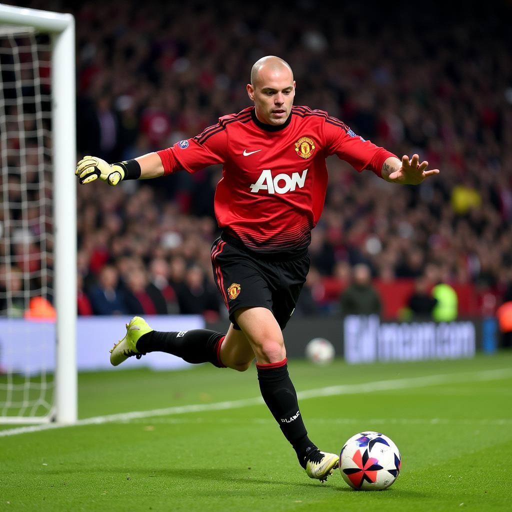 Fabien Barthez making a diving save for Manchester United