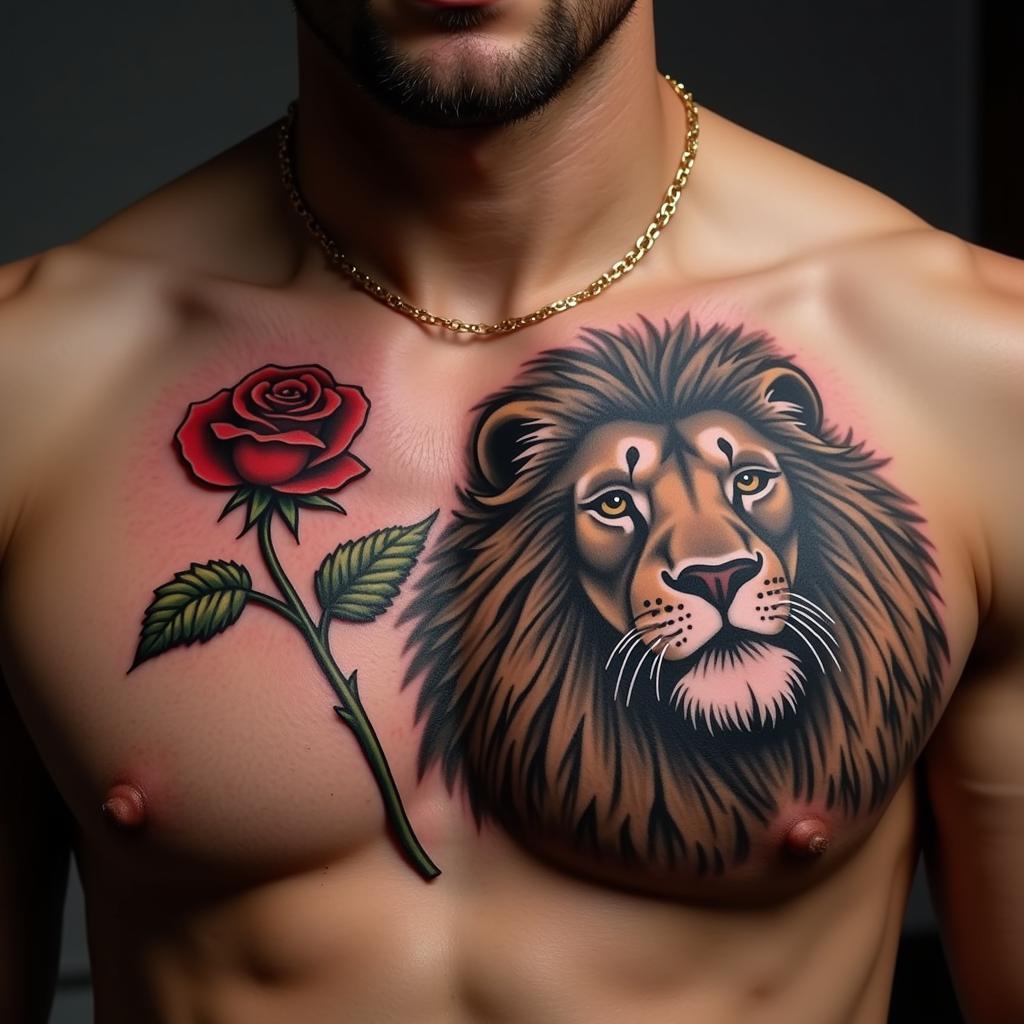 Famous football player with a lion and rose tattoo on their chest