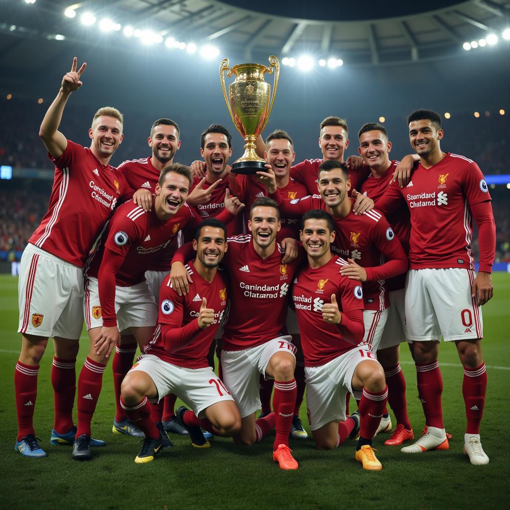 Famous football players celebrating a trophy win with their team.