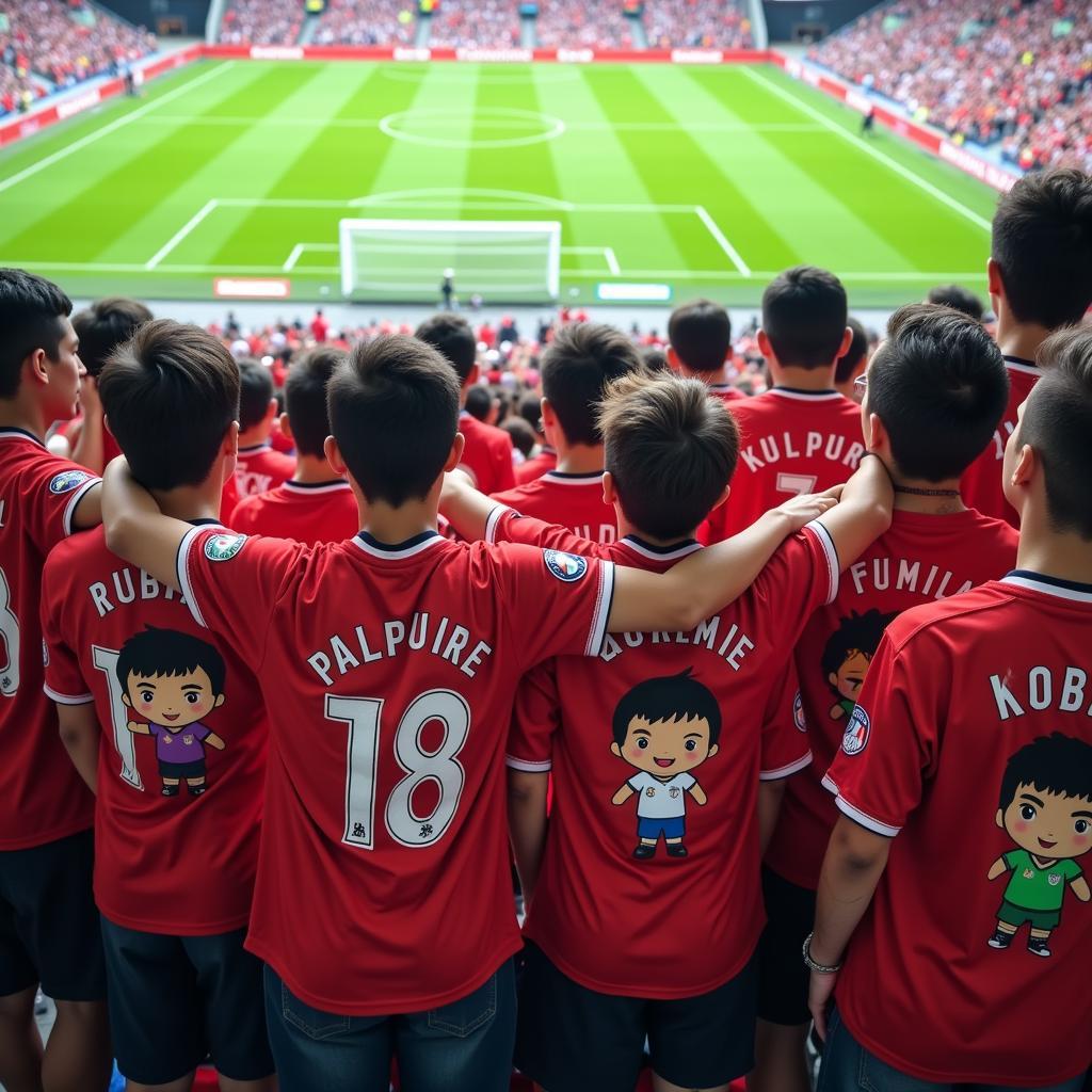 Fans Wearing Chibi Footballer Shirts at a Stadium