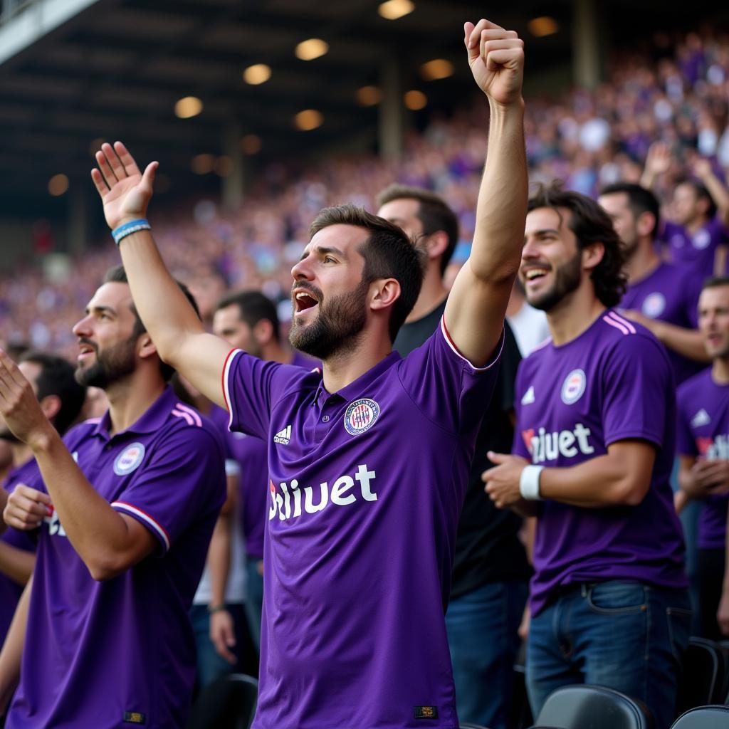 Fans cheering while wearing purple football shirts