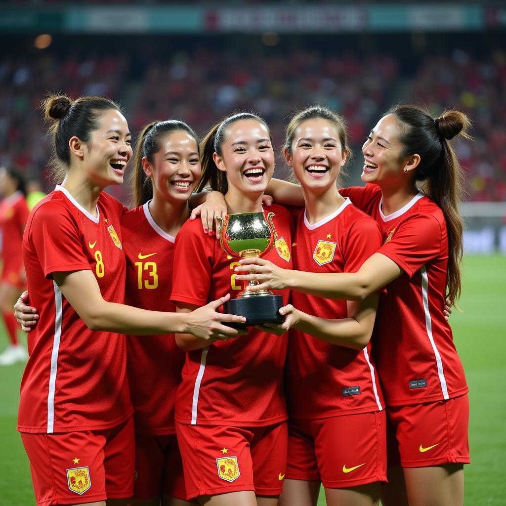 Female Football Players in Ao Dai Celebrating Victory