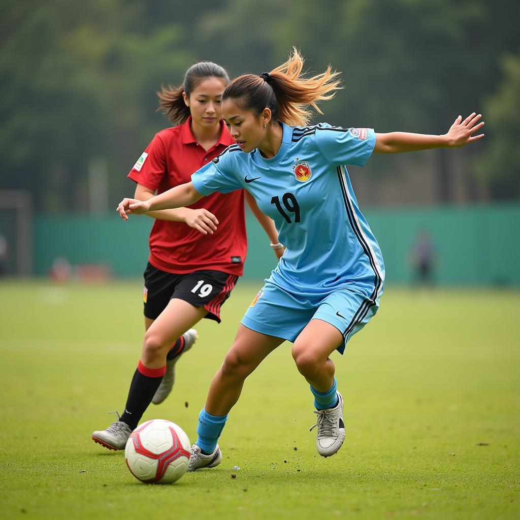 Female Footballer in Ao Dai Dribbling Ball