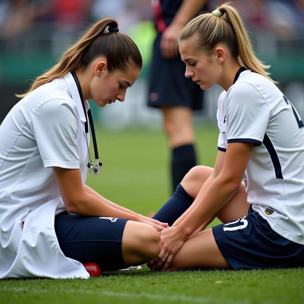 Female Footballer Receiving Medical Attention on Sidelines