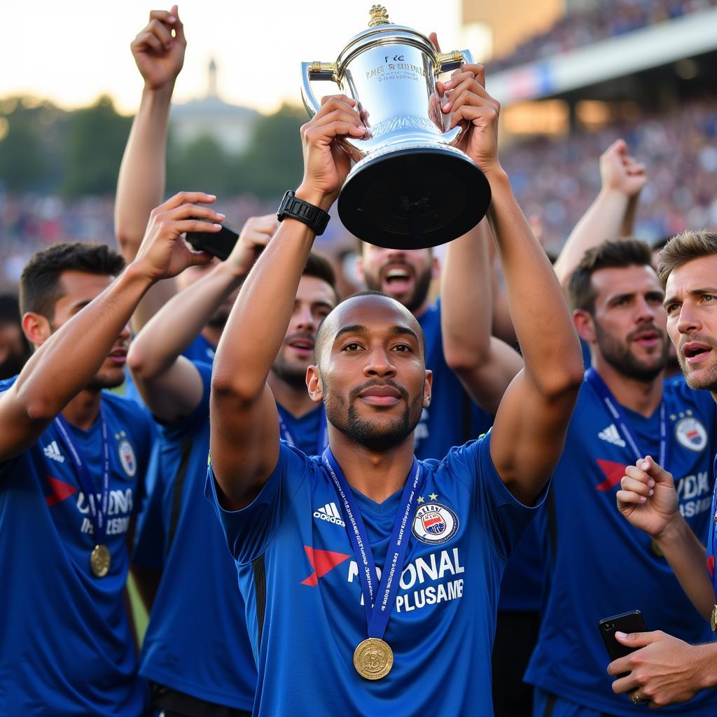 Fernandinho lifting a trophy as captain of Manchester City