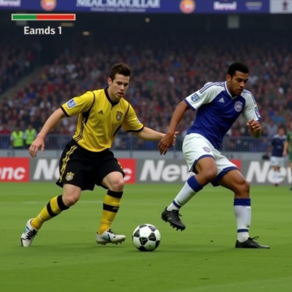 FIFA 03 Players with High Acceleration: A dynamic action shot showcasing a player with high acceleration bursting past a defender.