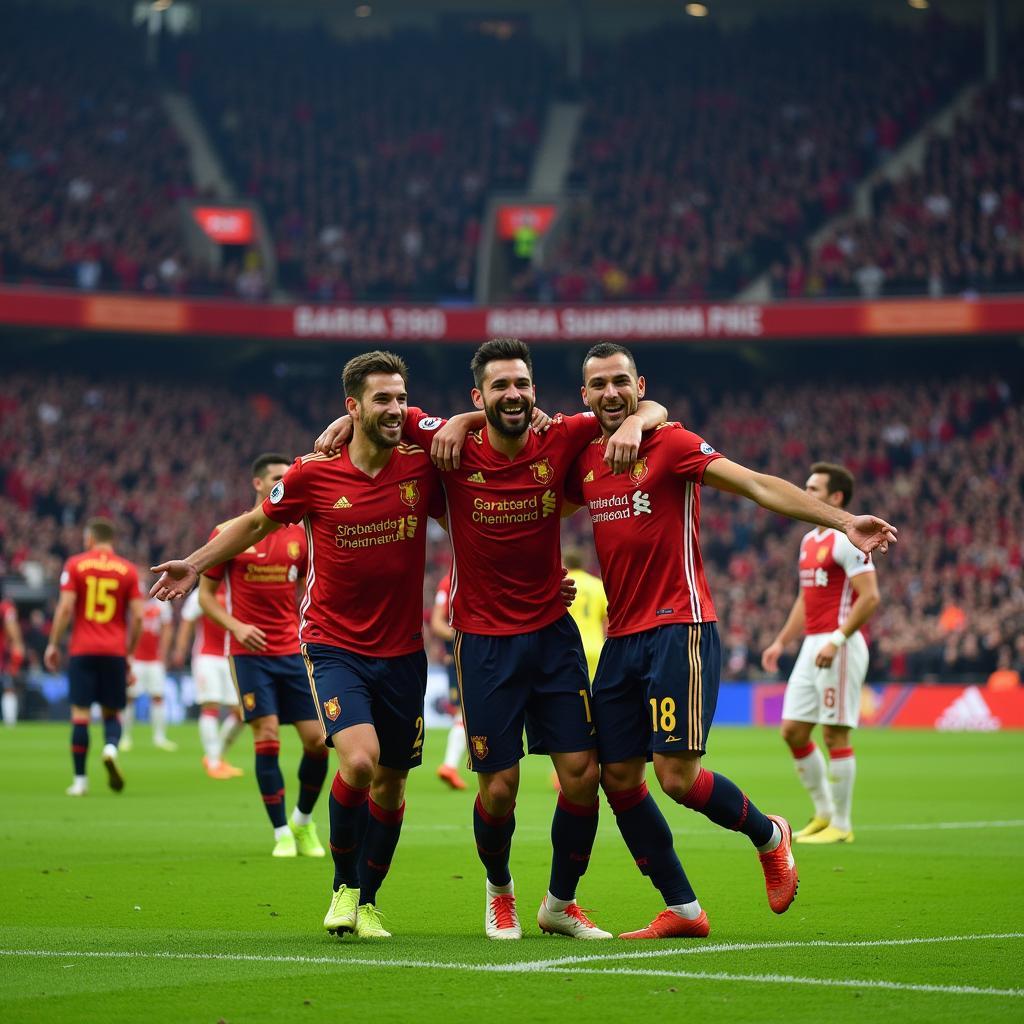 Football player celebrating a goal in a packed stadium.