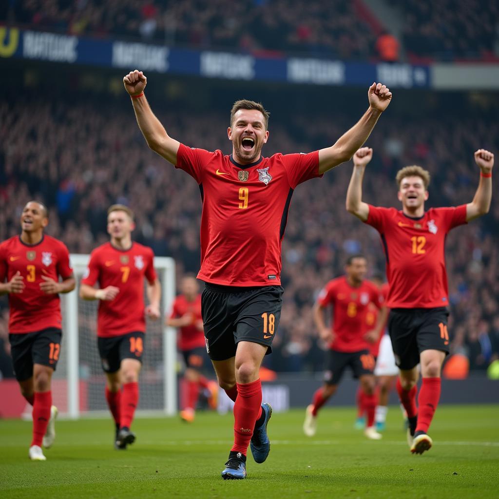 A football player celebrates a goal with teammates, highlighting the joy and camaraderie of the sport.