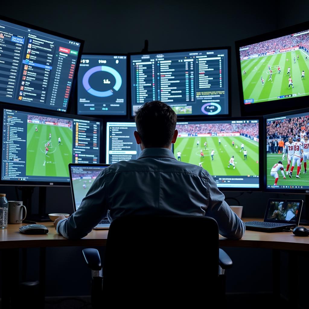 Analyst reviewing player data on multiple screens