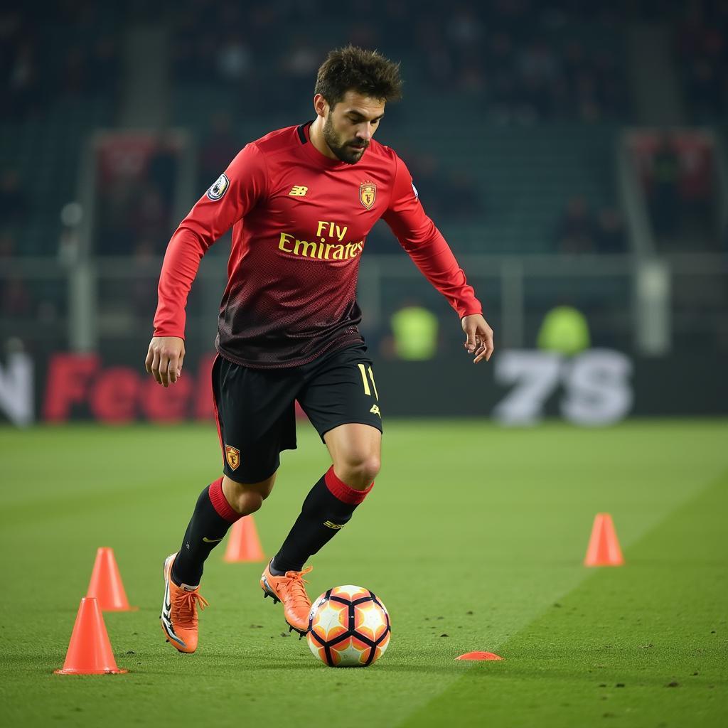 Football player practicing dribbling skills