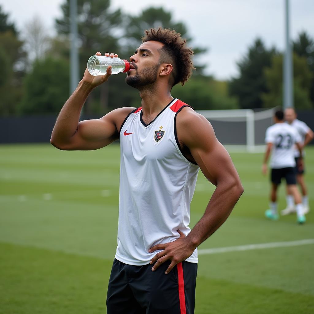 Football Player Drinking Water During Break