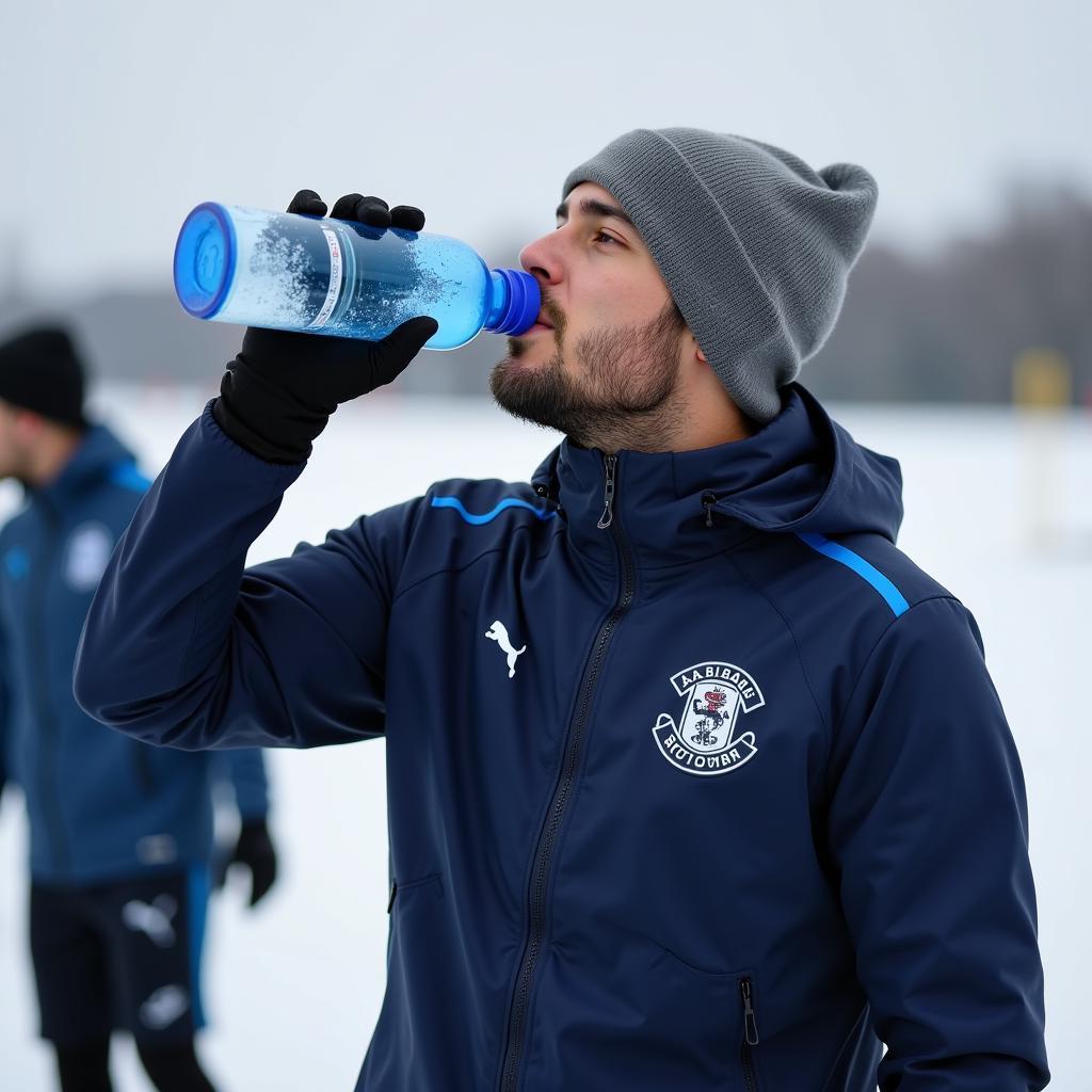 Football Player Hydrating in Winter