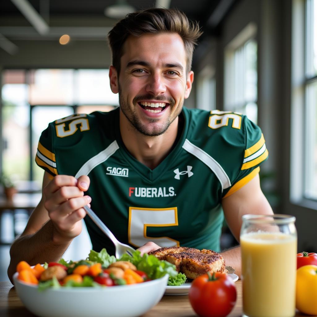 Football Player Eating a Healthy Meal After Training