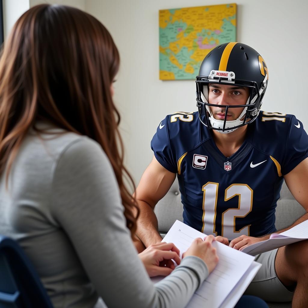 Football player having a language lesson