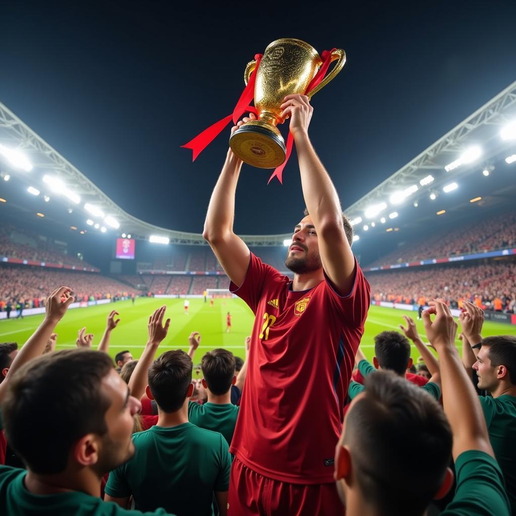 Football Player Lifting a Trophy